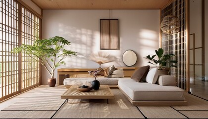 Minimalist, japandi interior design of modern living room.