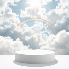 Cloud podium bathed in sunlight after rain, with a vibrant rainbow stretching across the sky.