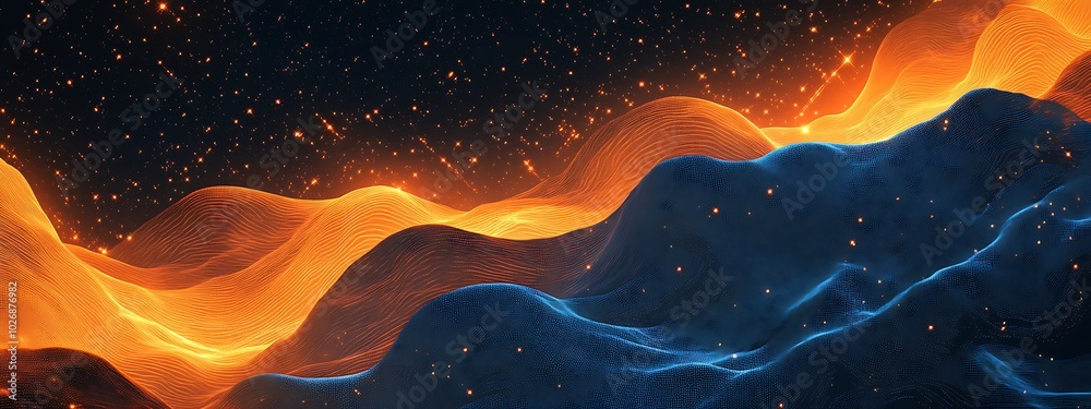 Poster abstract blue and orange wavy lines with glowing particles.