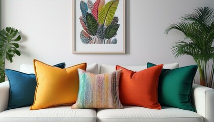 Scandinavian interior design of modern living room, home. Colorful vibrant pillows on white sofa against wall with art poster frame.