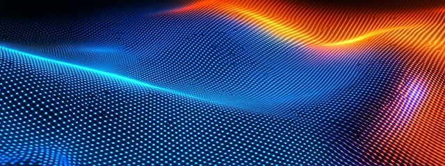 Abstract blue and orange wavy background with glowing dots.