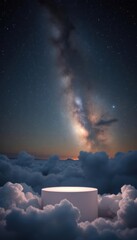 Cloud podium set beneath the Milky Way in a calm, starry night, perfect for dreamy product displays