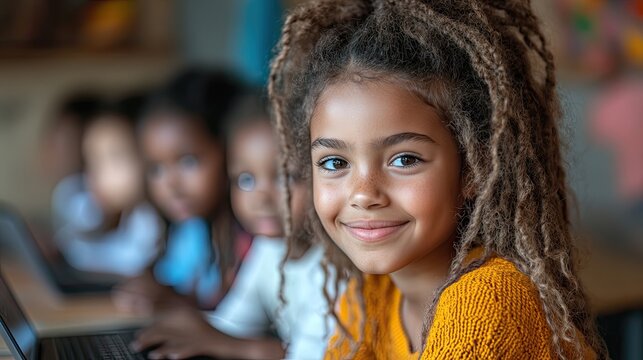 Nursery school children use a laptop with their teacher in a classroom, integrating technology in early education. - Powered by Adobe