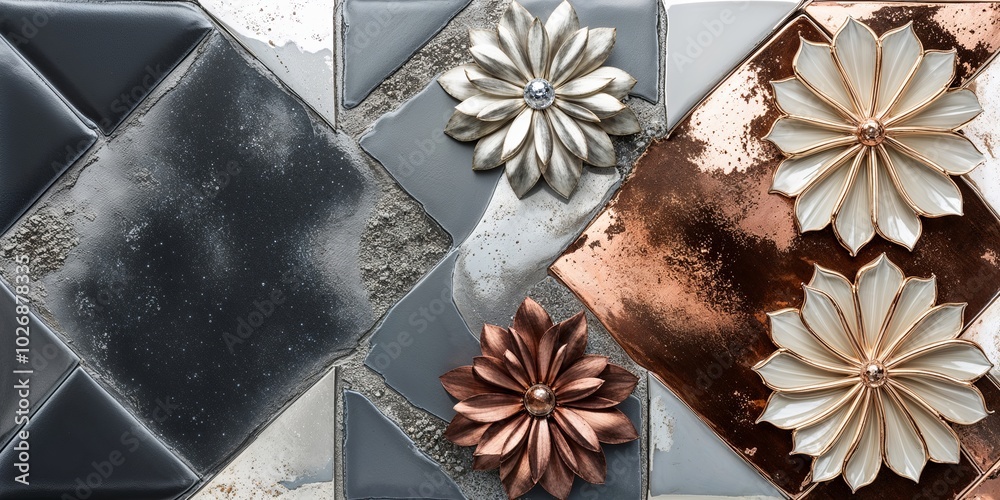 Wall mural Geometric floral tiles in copper, silver and black.