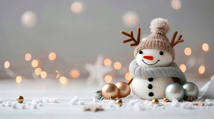 joyful snowman with reindeer antlers and cozy scarf sits among festive decorations, creating cheerful holiday atmosphere