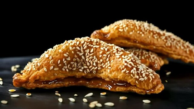 freshly chebakia, a traditional Moroccan sesame cookie and coated in honey isolated on black background