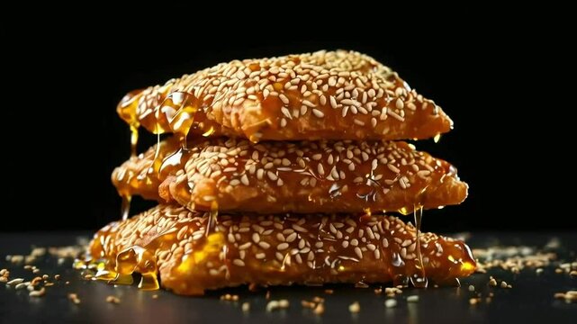 stack of chebakia sesame cookie, dough fried to a golden-brown color and coated in honey isolaated on black background