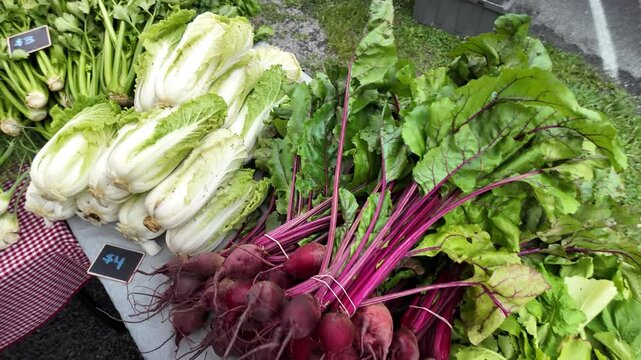 A closeup shot of beets and turnips displayed on a table at a farmers market. The beets are deep red with green tops, while the turnips are white with purple tops. The vegetables are arranged in an at