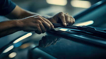 Close-up of Hands Replacing Car Windshield Wiper Blade