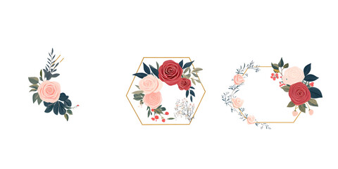 Set of cute watercolor floral wreaths isolated on a transparent background, PNG, with pastel peach-colored roses and green leaves. 