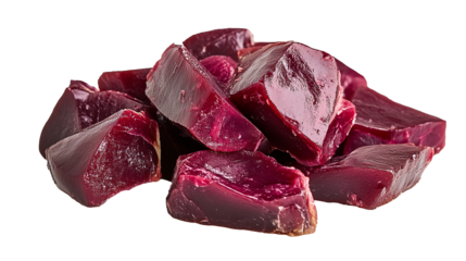 Fresh raw liver pieces displayed on a white surface