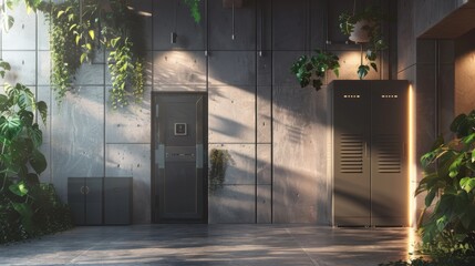 Concept of a home battery packs alternative electric energy storage system at modern home garage wall as backup or sustainable energy concepts.