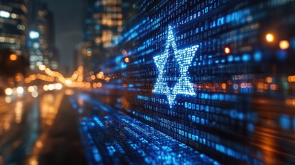 The Israeli flag set against binary code reflects the intersection of national identity and modern technology concepts.