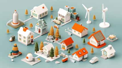 Fototapeta premium Sustainable energy landscape featuring various houses, wind turbines, and solar panels, showcasing modern approach to renewable energy