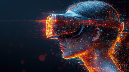 Virtual reality technology depicted in everyday life, emphasizing future innovations and advancements in a modern digital background.