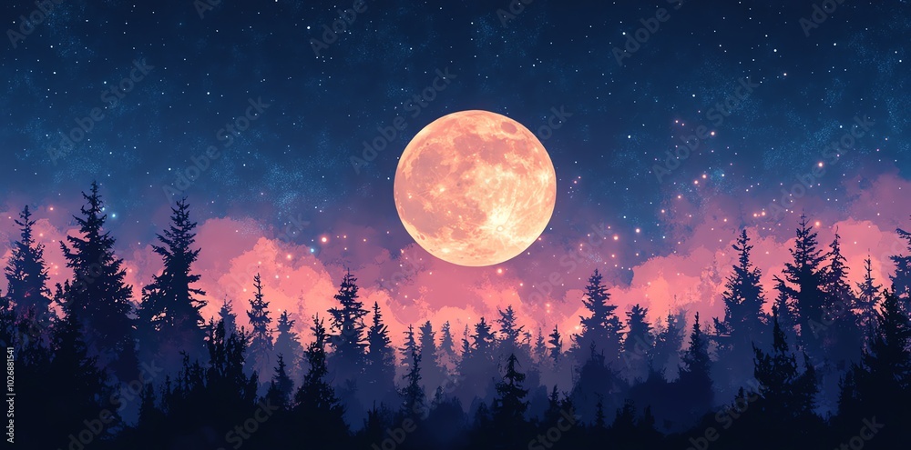 Poster full moon rising above a dense forest with a starry sky.