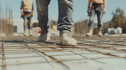 Construction Workers' Feet on Rebar Grid at Construction Site