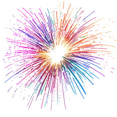Obraz premium Vibrant Multicolored Fireworks Burst Illustration on white and transparent background. PNG