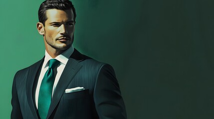 Portrait of a Man in a Suit with a Green Tie and White Pocket Square