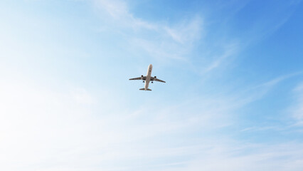 ULTRA HD. Airplane flies in blue sky. Travel. Airplane takes off against the background of blue sky.	
