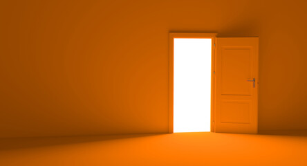 Open the door. Symbol of new career, opportunities, business ventures and initiative. Business concept. 3d render, white light inside open door isolated on orange background. Modern minimal concept.