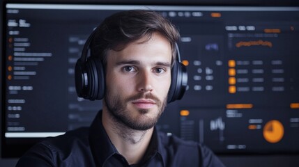 Focused on advanced remote collaboration, man with headphones engages with digital dashboard displaying data analytics and metrics