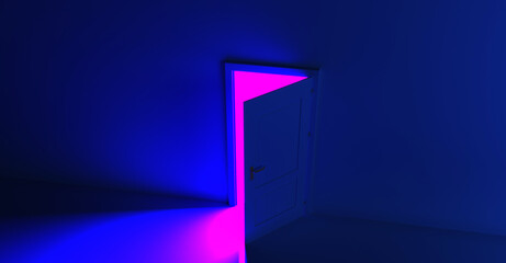 Open the door. Symbol of new career, opportunities, business ventures and initiative. Business concept. 3d render, purple light inside open door isolated on blue background. Modern minimal concept.