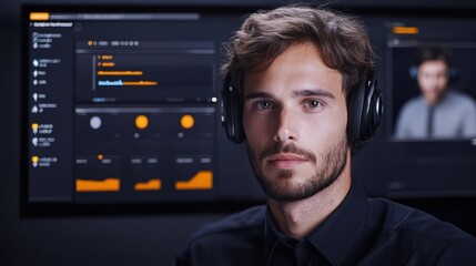 Advanced remote collaboration dashboard featuring focused man wearing headphones, engaged in virtual meeting. background displays various data visualizations and metrics, enhancing collaborative