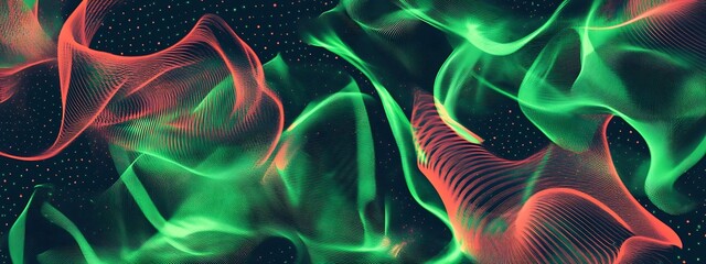 Obraz premium Abstract digital art with green and red neon waves in a dark space.