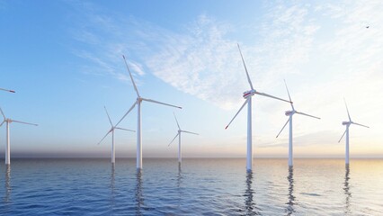 Windmill park. Offshore wind turbines farm on the ocean. Sustainable energy production. Green Energy, clean power, clean energy concept.	
