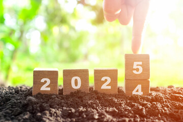 Hand changing year 2024 to 2025 in wooden blocks with growing plant at sunrise. Welcome new year 2025 and goodbye 2024 concept.