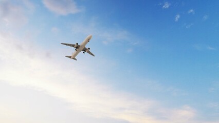 ULTRA HD. Airplane flies in blue sky. Travel. Airplane takes off against the background of blue sky. 