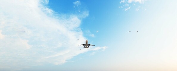 ULTRA HD. Airplane flies in blue sky. Travel. Airplane takes off against the background of blue sky. 