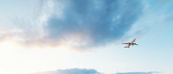 ULTRA HD. Airplane flies in blue sky. Travel. Airplane takes off against the background of blue sky.	
