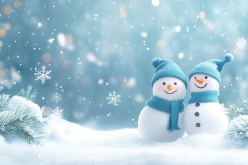 Fototapeta premium Cute Snowmen In Winter Wonderland With Snowflakes And Pine Branches