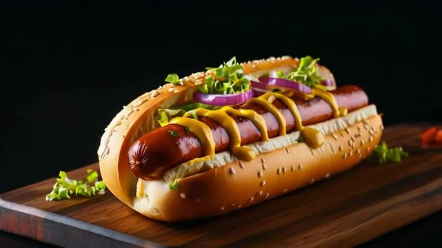 a hotdog with ketchup and mustard and sliced ​​onions, served on a cutting board