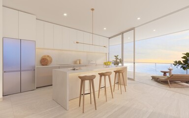 Cocina con isla con vista al mar, 3d rendering