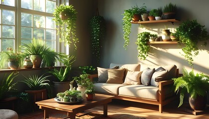 Serene Indoor Garden with Green Plants and Natural Light