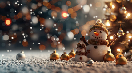 cheerful snowman and smaller snow figure stand amidst festive decorations, surrounded by shimmering ornaments and beautifully lit Christmas tree, evoking warm holiday spirit