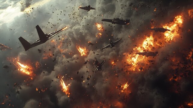 Marine and air-force units coordinating their efforts in celestial battle, with scenic birds-eye view highlighting strategy