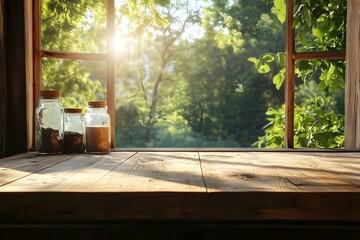 Fototapeta premium Wooden tabletop against the background of a window with nature in the sun. Empty wood countertop for product presentation. Rustic eco mockup with platform