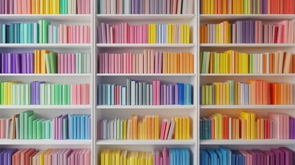 A colorful bookshelf filled with books arranged by hue, showcasing a vibrant gradient of colors from pastel to bright shades.