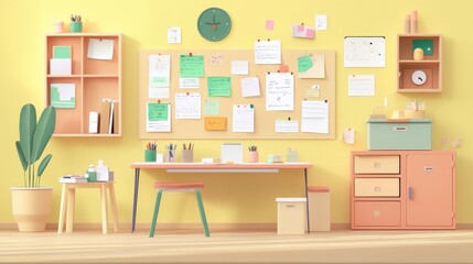 A bright, minimalist home office setup featuring a desk, shelving, stationery, and a bulletin board against a cheerful yellow wall.
