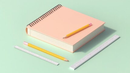 A pastel notebook with a yellow pencil and a ruler, arranged neatly on a mint green background, suggesting a creative or study environment.
