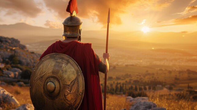 Spartan warrior wearing a red cloak and an iron helmet holding a spear, shield, and sword on the field of battle against a sunset background.