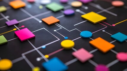 Colorful Shapes Connected by Lines on a Black Surface