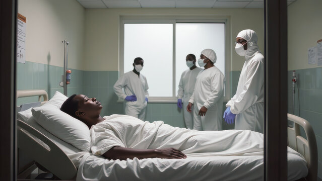 Medical team in protective suits monitors patient with Marburg virus in quarantine hospital room, viral outbreak, healthcare concept