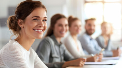 Young, cheerful businesswoman multitasks, chatting on her mobile while jotting down notes in the meeting room.