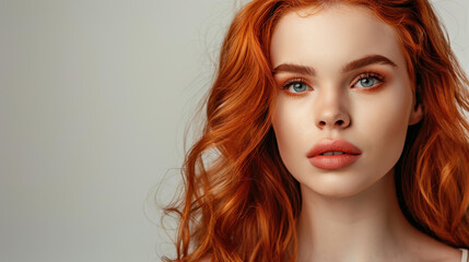 Fototapeta premium A stunning woman showcases her beautiful curly hairstyle against a sleek gray backdrop, emanating charm and confidence.