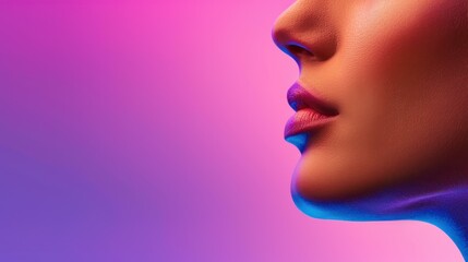 A stunning woman radiates beauty, illuminated by captivating color lights that enhance her sensual charm and grace.